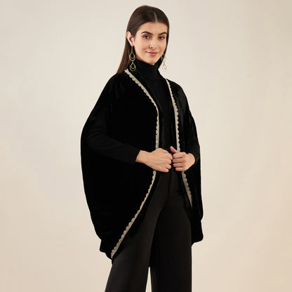 Black Silk Velvet Cape with Embroidered Motif