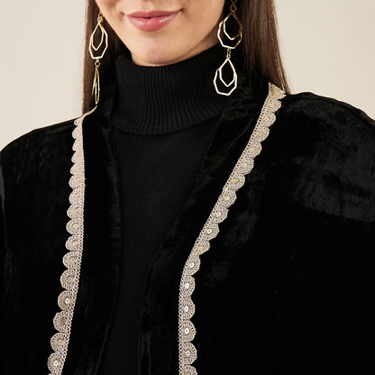 Black Silk Velvet Cape with Embroidered Motif