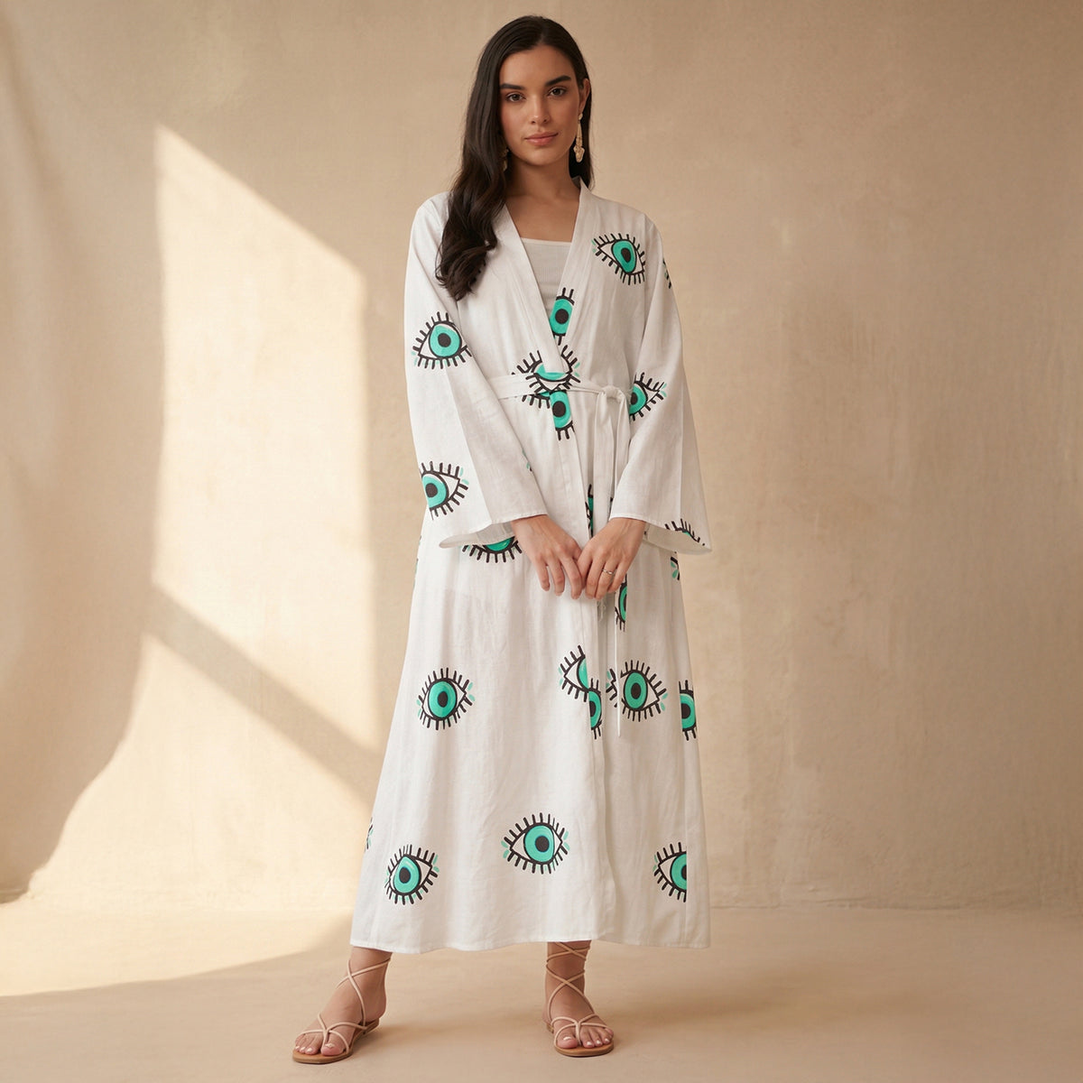 White And Cyan Evil Eye Print Cover-Up for Women – Embroidered | First Resort by Ramola Bachchan