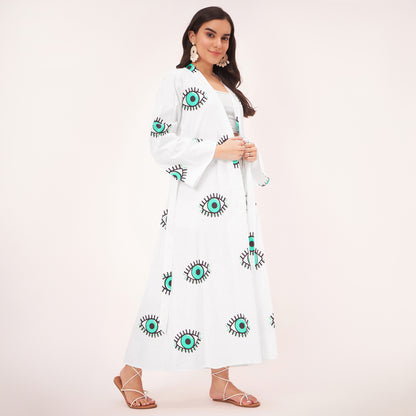 White and Cyan Evil Eye Cotton Long Cover-Up with Embroidered Patch and Belt
