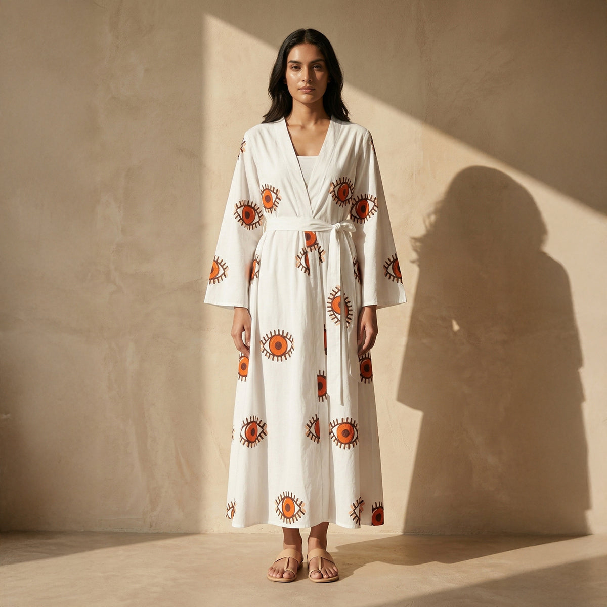 White And Orange Evil Eye Print Cover-Up for Women – Embroidered | First Resort by Ramola Bachchan