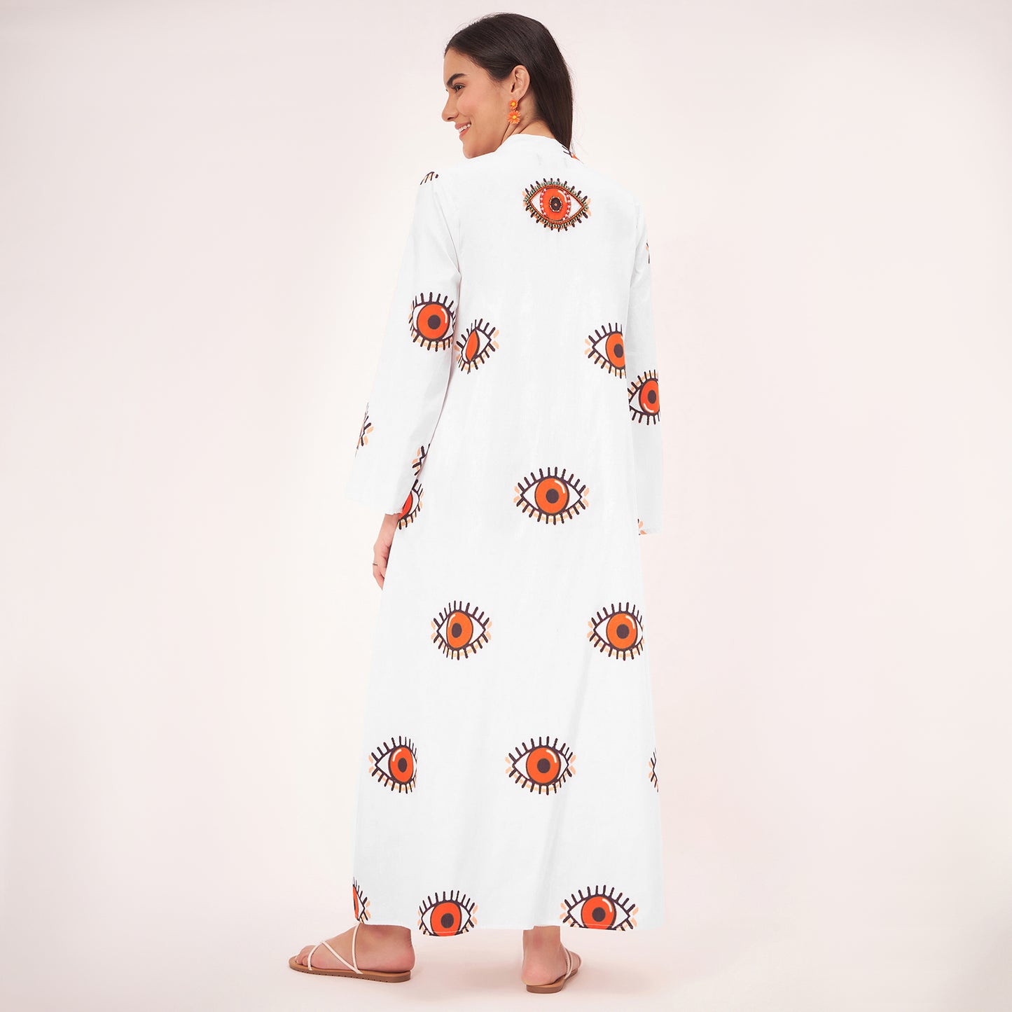 White and Orange Evil Eye Cotton Long Cover-Up with Embroidered Patch and Belt