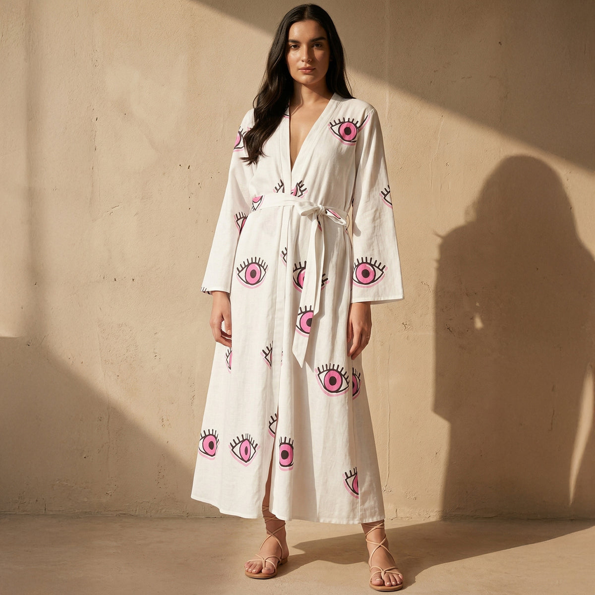 White And Pink Evil Eye Print Cover-Up for Women – Embroidered | First Resort by Ramola Bachchan