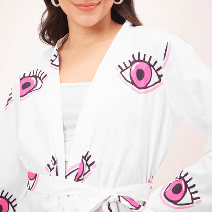 White and Pink Evil Eye Cotton Long Cover-Up with Embroidered Patch and Belt