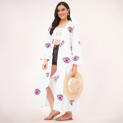 White and Pink Evil Eye Cotton Long Cover-Up with Embroidered Patch and Belt