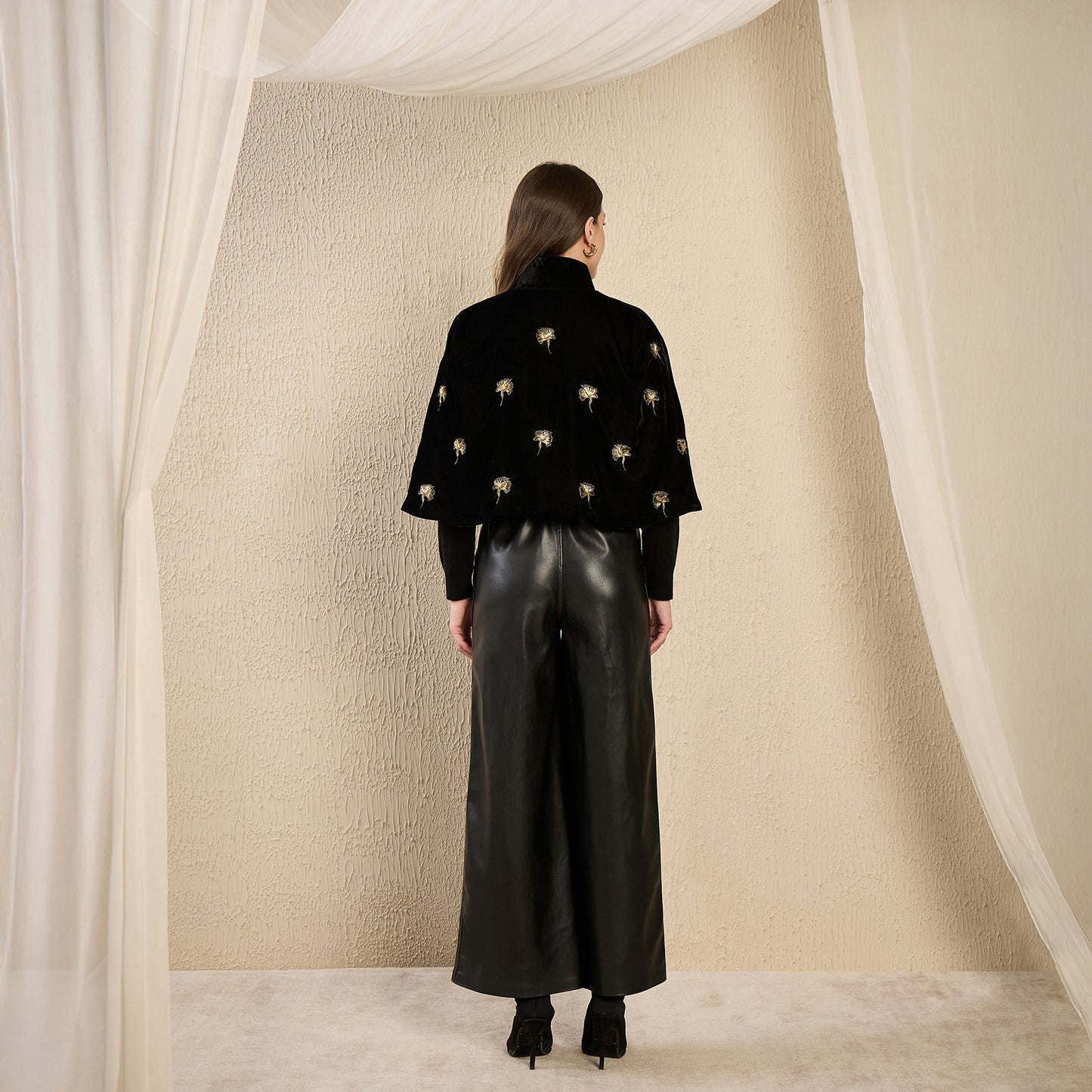 Black and Golden Floral Motif Hand Embroidered Velvet Short Cape