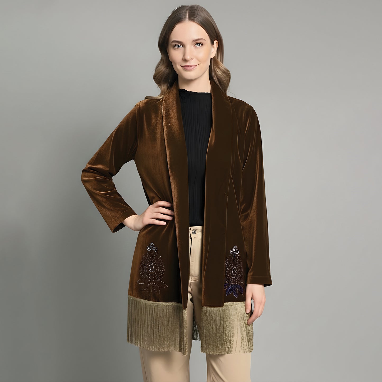 Brown Crystal Embellished Shrug with Beige Fringes