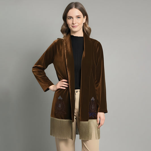 Brown Crystal Embellished Shrug with Beige Fringes