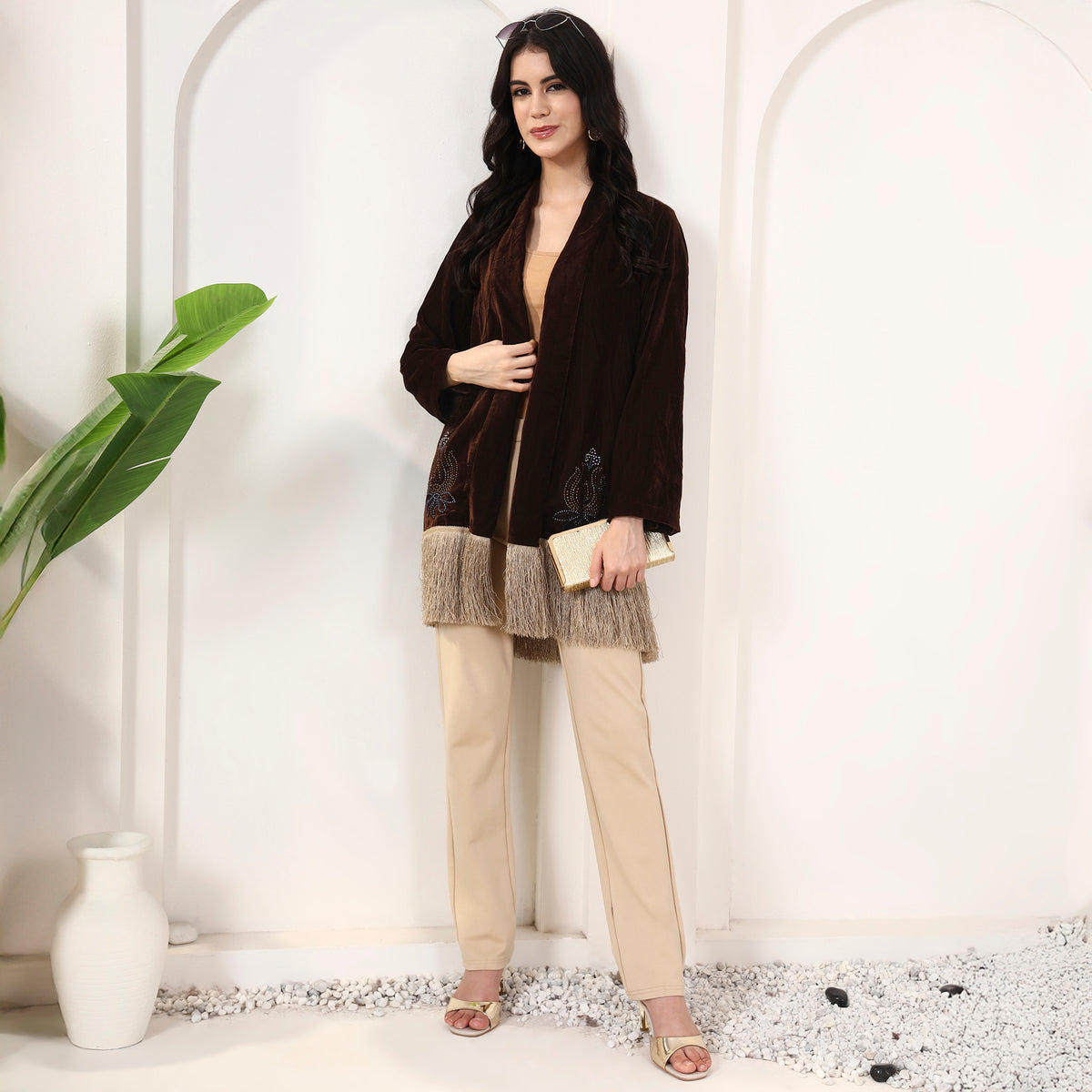 Brown Cover-Up for Women – Micro Velvet – Front View | First Resort by Ramola Bachchan