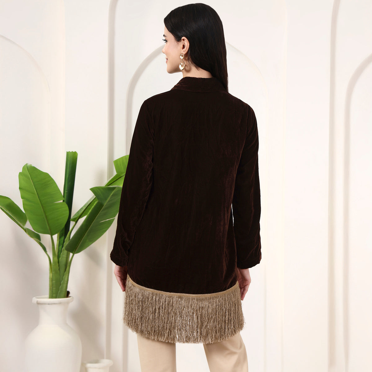 Brown Cover-Up for Women – Micro Velvet – Detail View | First Resort by Ramola Bachchan