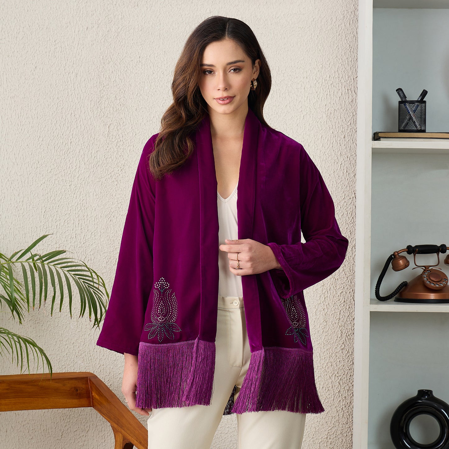 Magenta Crystal Embellished Shrug with Fringes