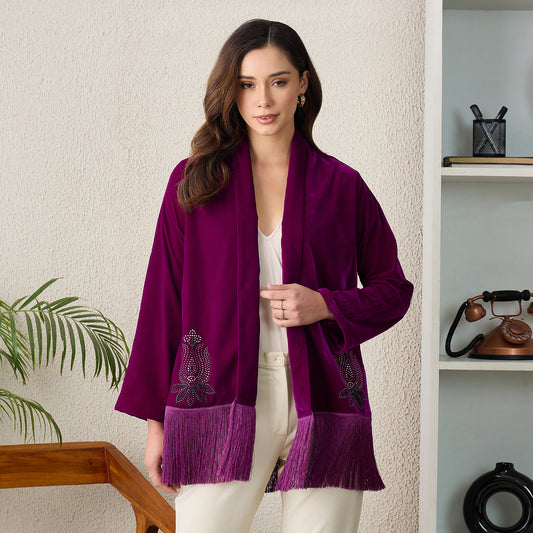 Magenta Crystal Embellished Shrug with Fringes