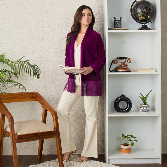 Magenta Crystal Embellished Shrug with Fringes