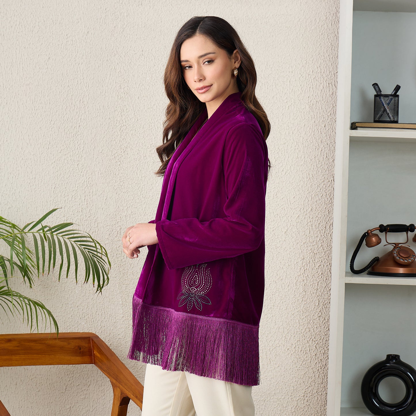 Magenta Crystal Embellished Shrug with Fringes