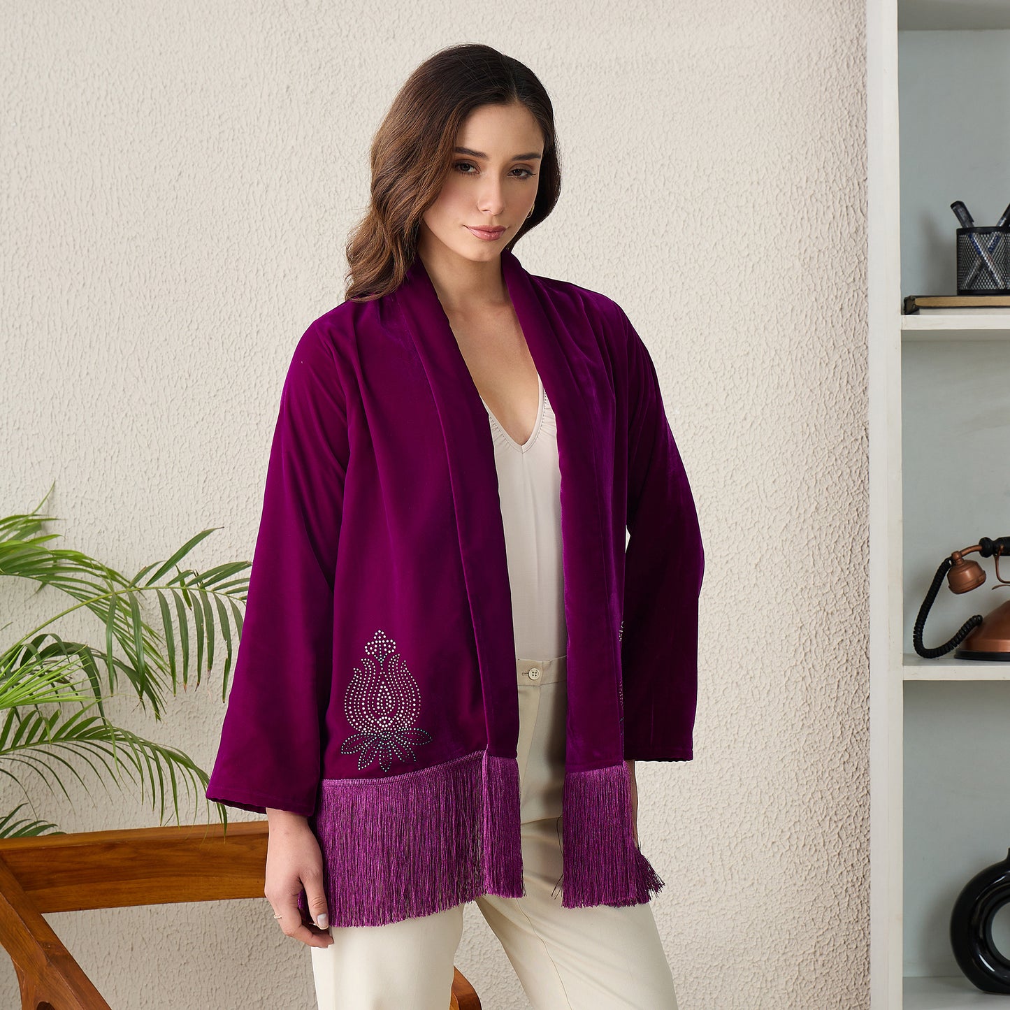 Magenta Crystal Embellished Shrug with Fringes