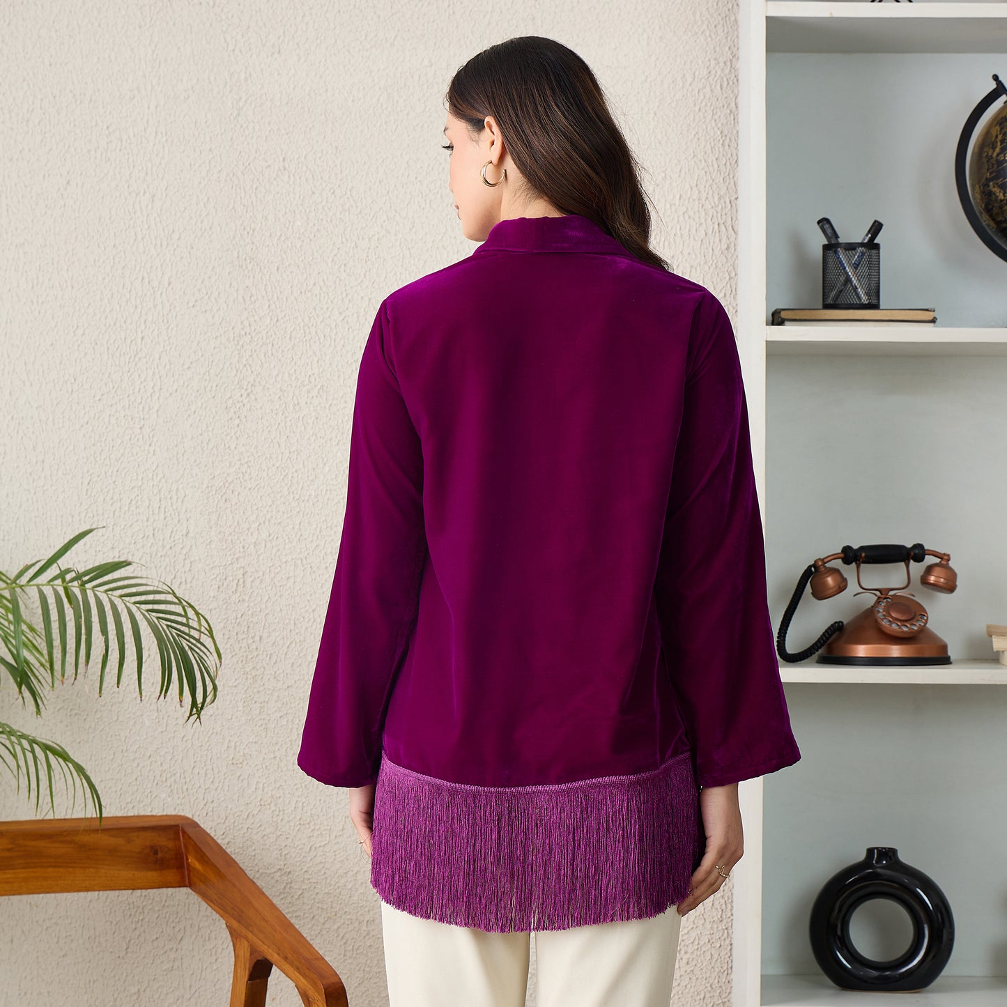 Magenta Crystal Embellished Shrug with Fringes