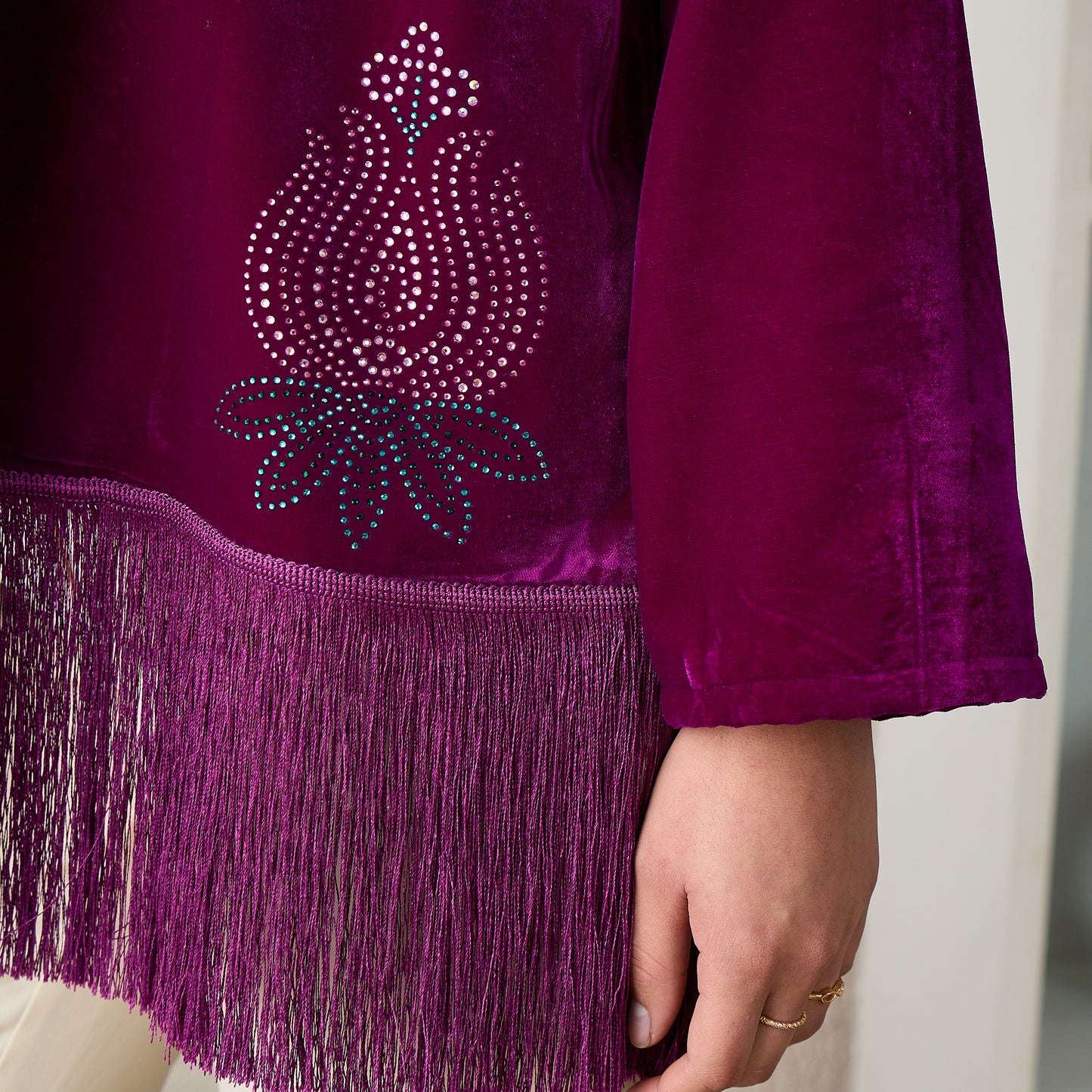 Magenta Crystal Embellished Shrug with Fringes