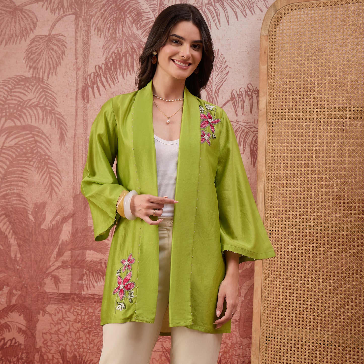 Light Green Floral Hand Embroidered Shrug