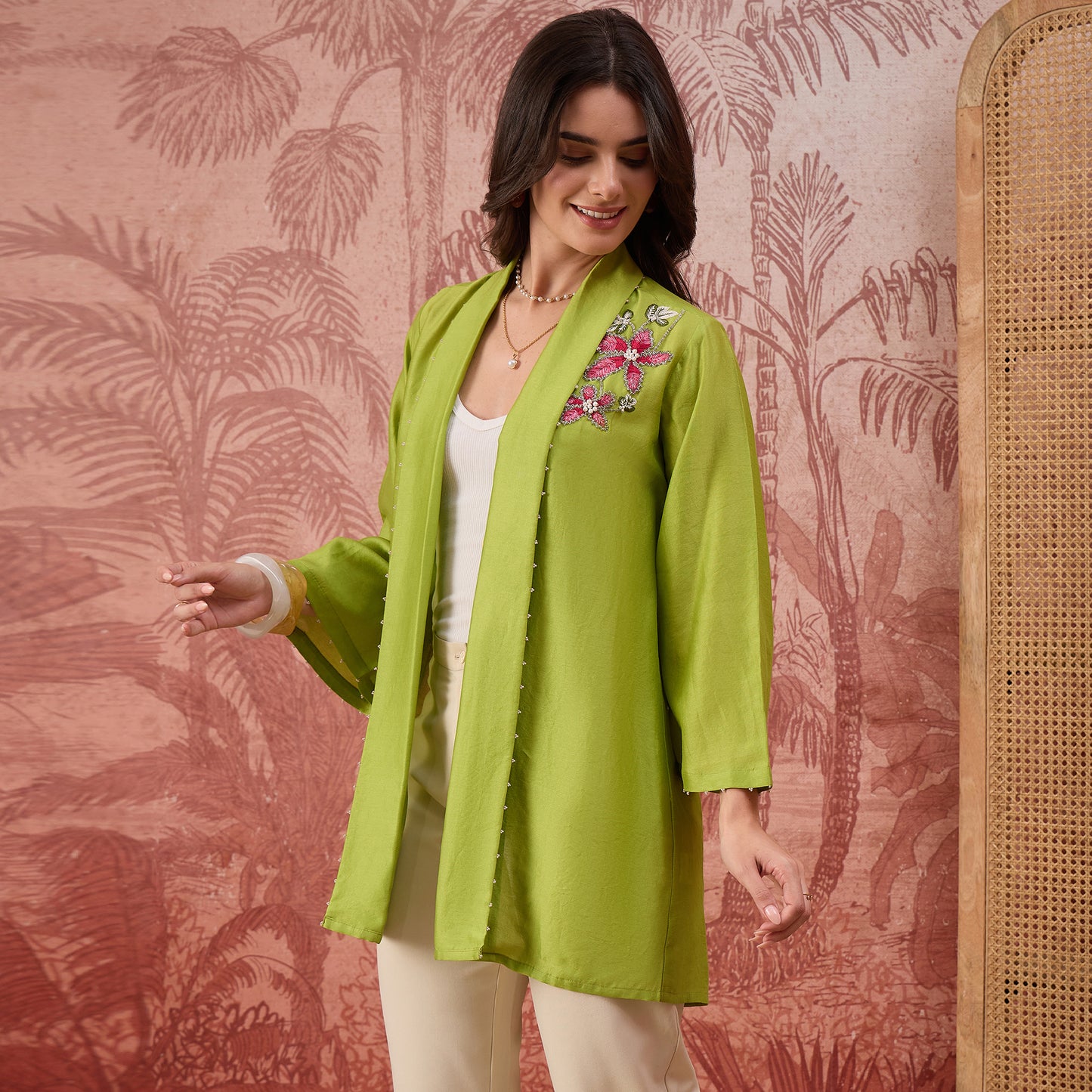 Light Green Floral Hand Embroidered Shrug