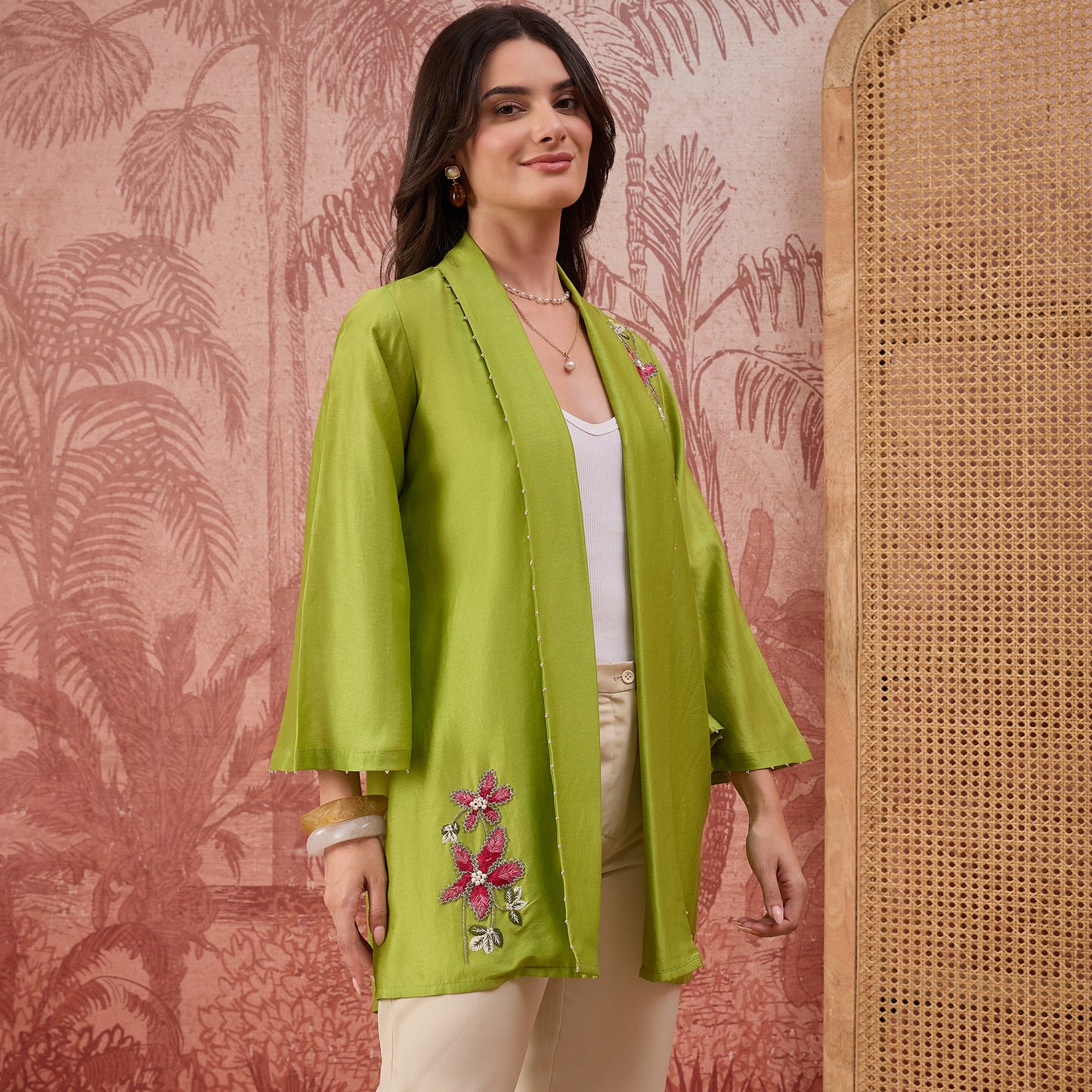 Light Green Floral Hand Embroidered Shrug