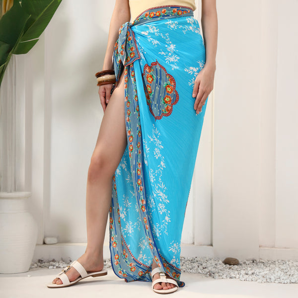 Blue Floral Print Sarong for Women – Viscose Crepe | First Resort by Ramola Bachchan