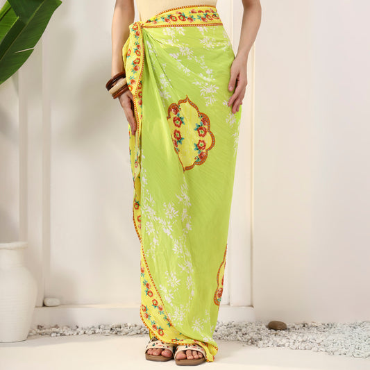 Lime Floral Print Sarong for Women – Viscose Crepe | First Resort by Ramola Bachchan