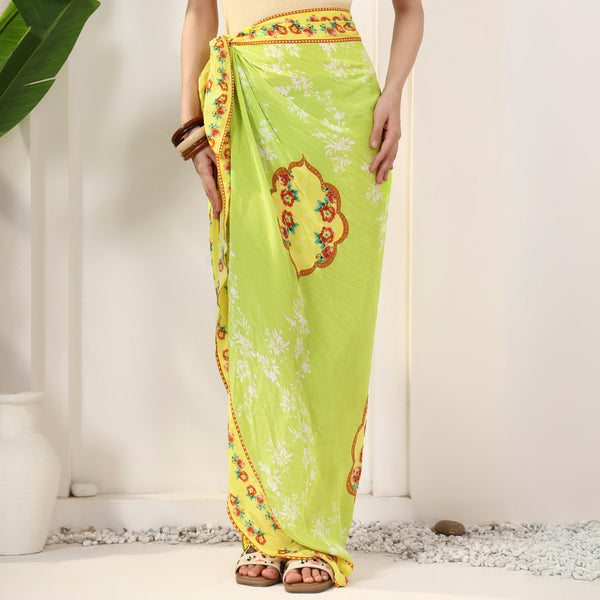Lime Floral Print Sarong for Women – Viscose Crepe | First Resort by Ramola Bachchan