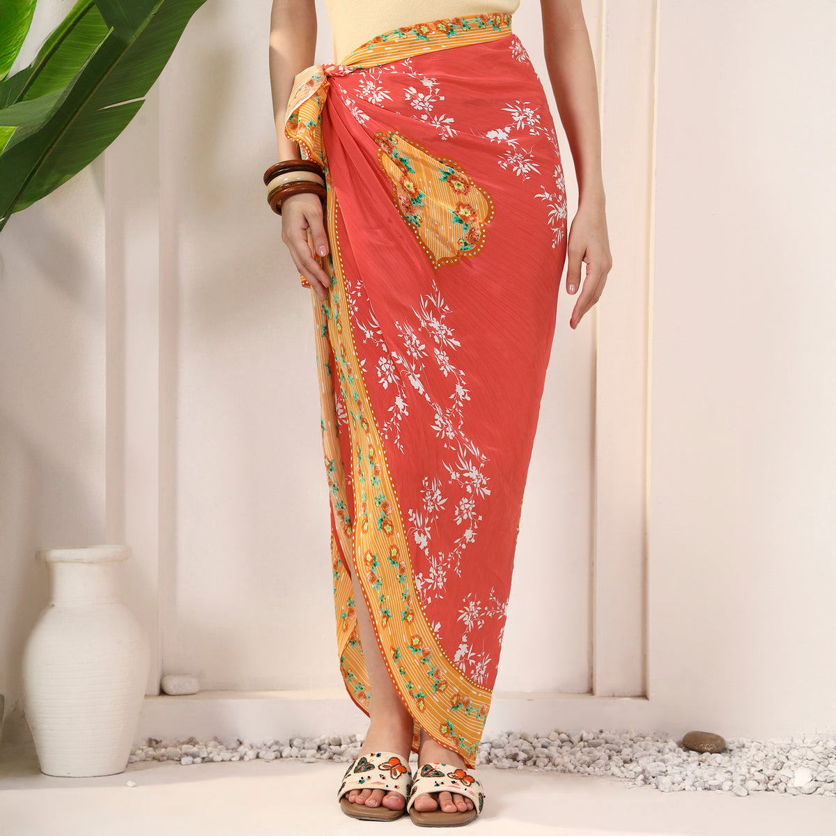 Red Floral Print Sarong for Women – Viscose Crepe | First Resort by Ramola Bachchan