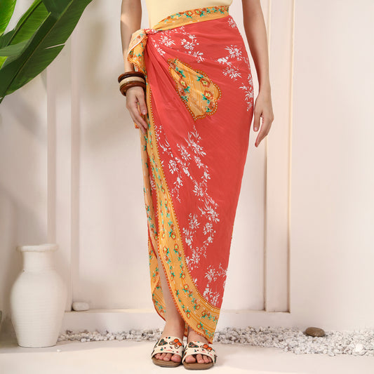 Red Floral Print Sarong for Women – Viscose Crepe | First Resort by Ramola Bachchan