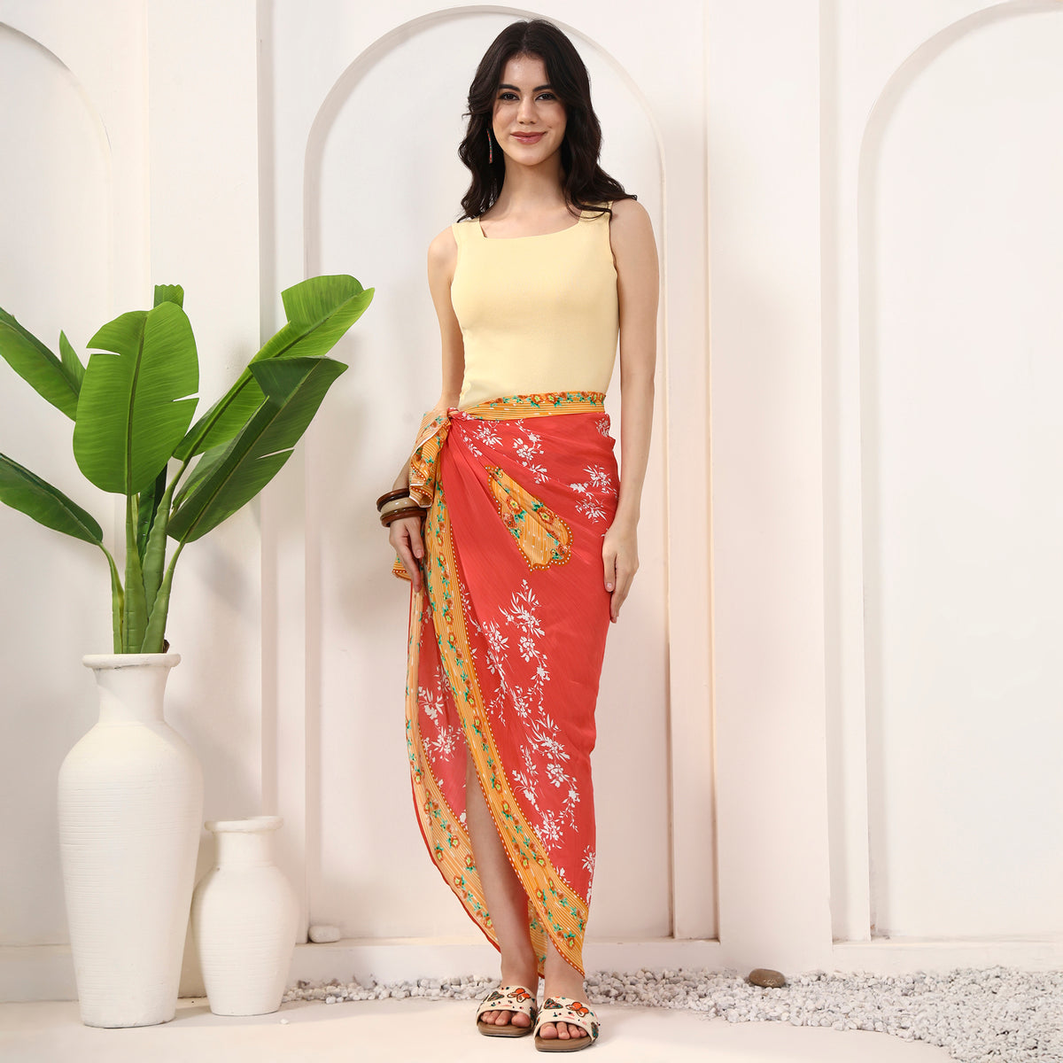 Red Floral Print Sarong for Women – Viscose Crepe – Front View | First Resort by Ramola Bachchan