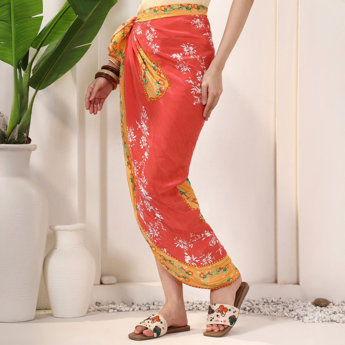 Red Floral Print Sarong for Women – Viscose Crepe – Model View | First Resort by Ramola Bachchan