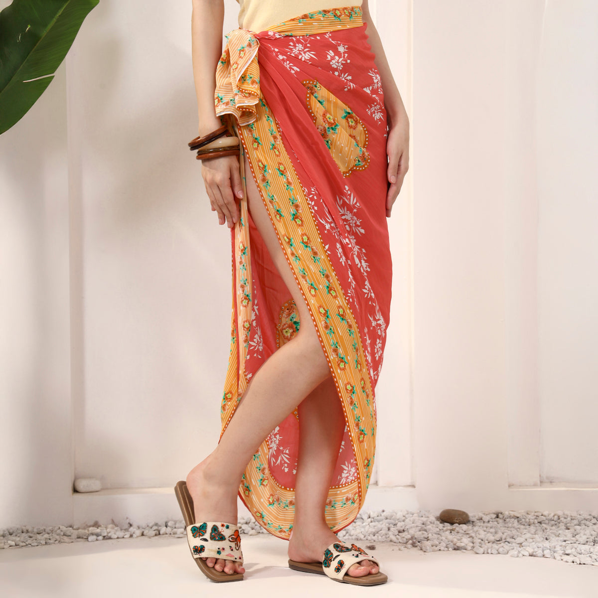 Red Floral Print Sarong for Women – Viscose Crepe – Side View | First Resort by Ramola Bachchan