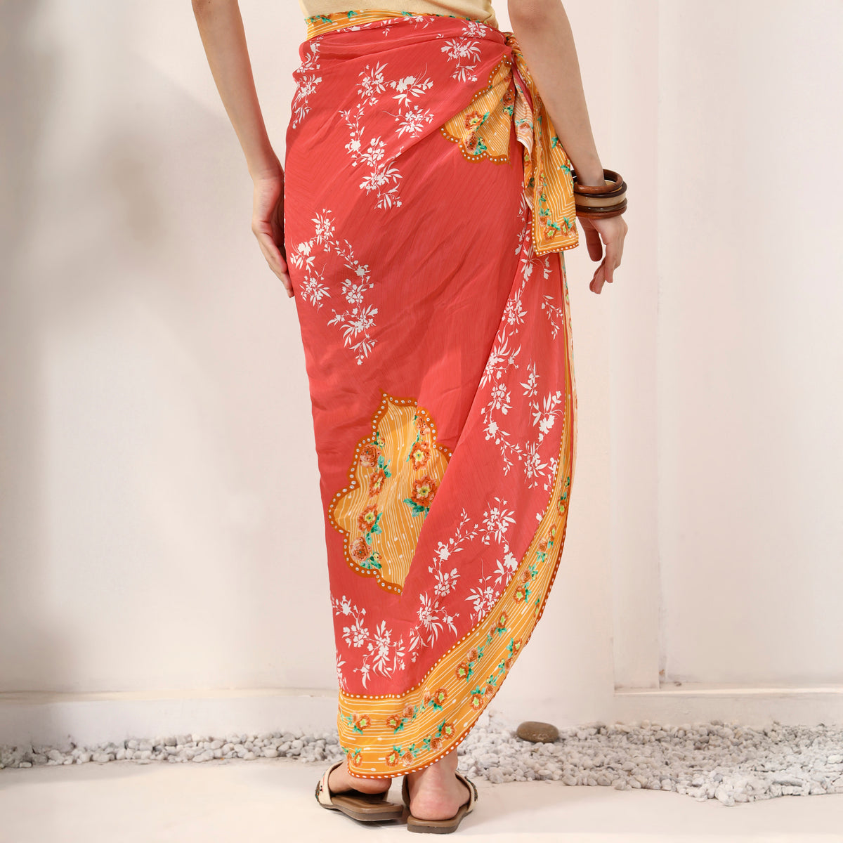 Red Floral Print Sarong for Women – Viscose Crepe – Detail View | First Resort by Ramola Bachchan