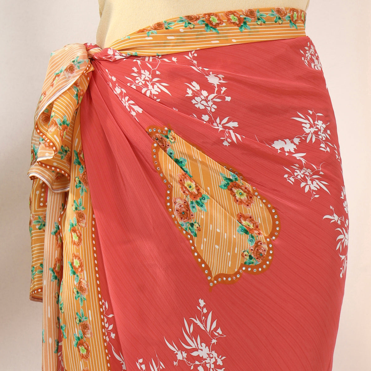 Red Floral Print Sarong for Women – Viscose Crepe – Back View | First Resort by Ramola Bachchan