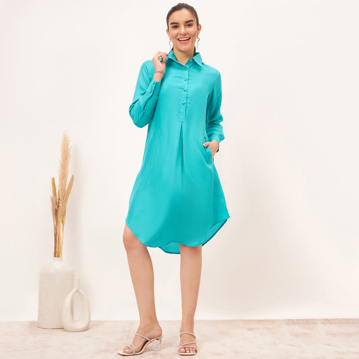 Teal Blue Silk Shirt Dress