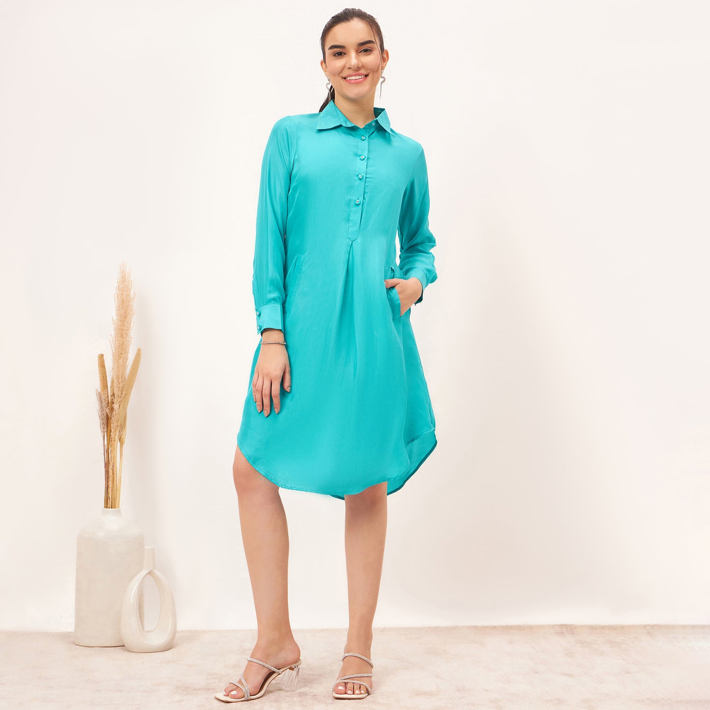 Teal Blue Silk Shirt Dress
