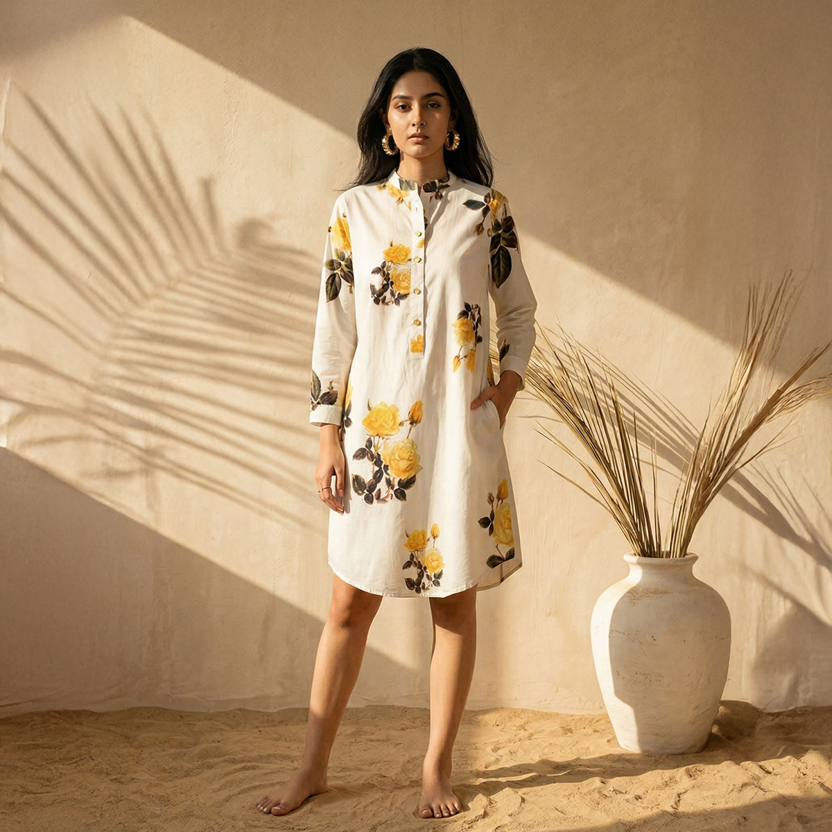Yellow Floral Print Dress for Women – Cotton Poplin | First Resort by Ramola Bachchan