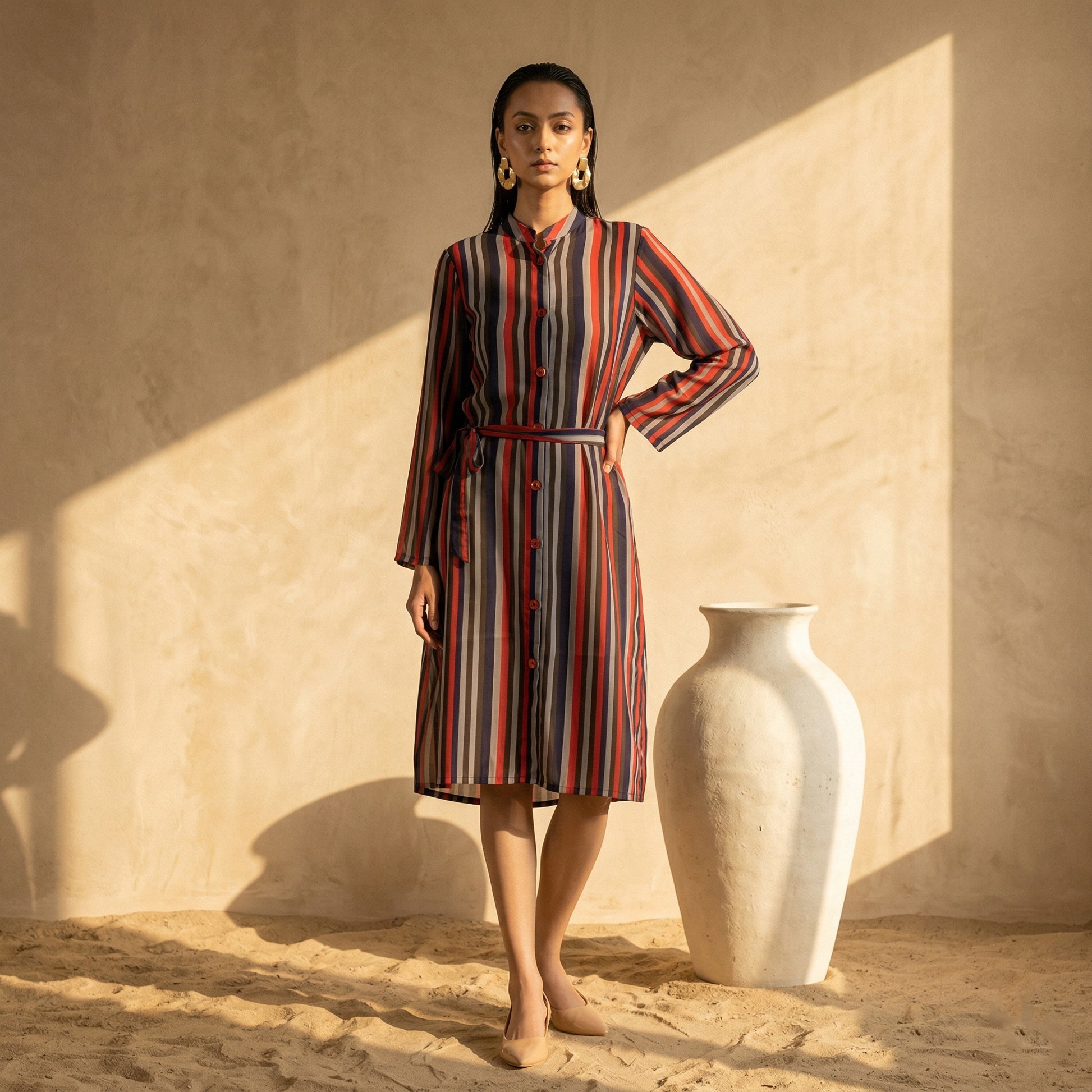 Vibrant Red And Black Stripe Print Dress for Women – Polyester Georgette | First Resort by Ramola Bachchan