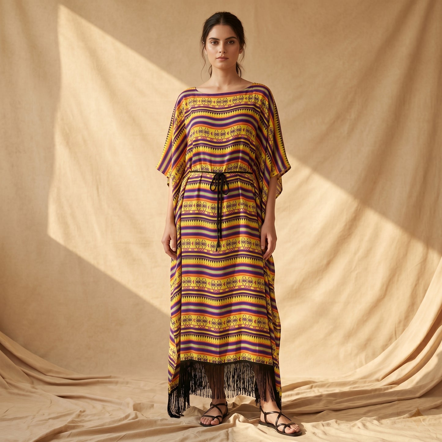 Yellow and purple Aztec-striped poncho dress with a long fringed hem