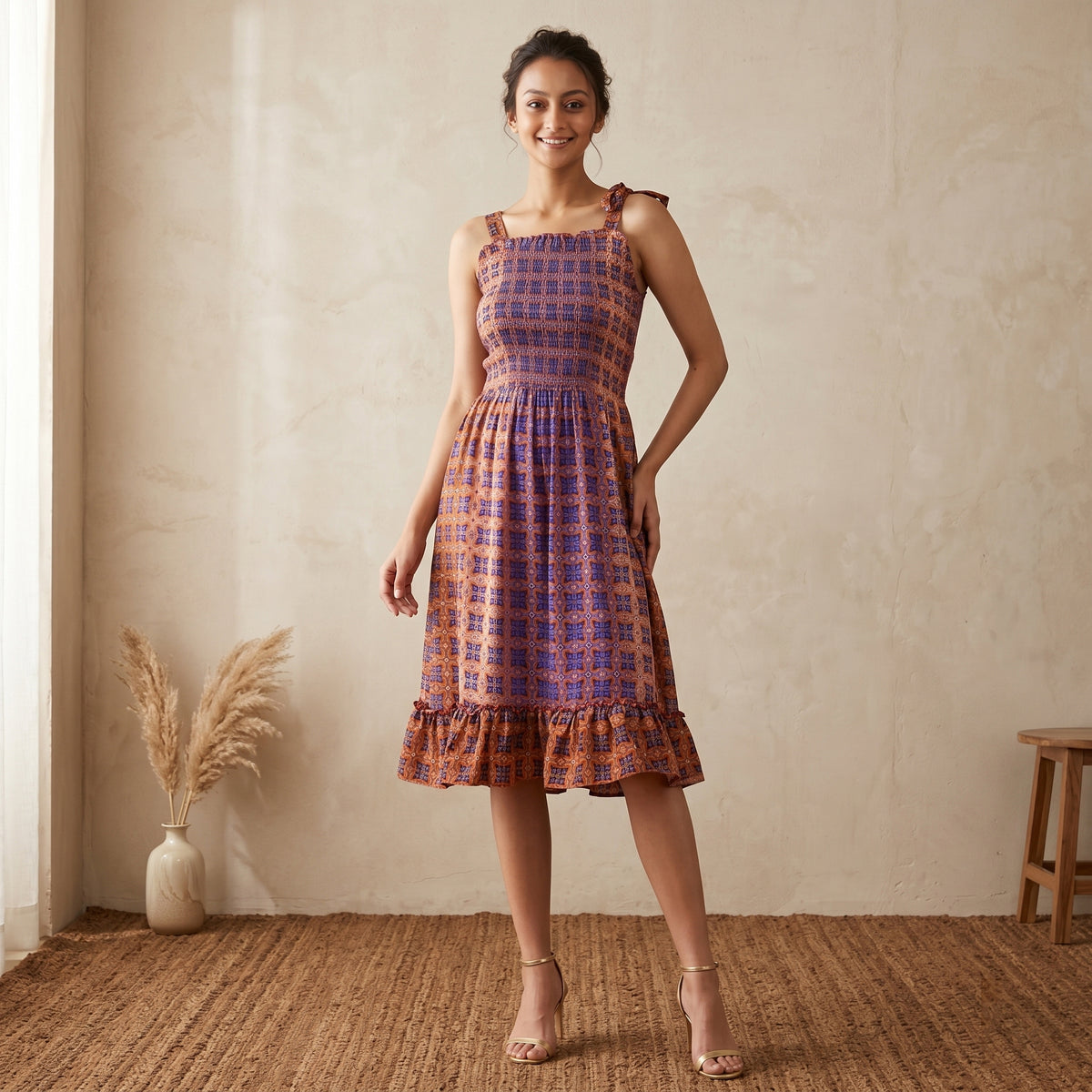 Brown Geometric Print Dress for Women – Cotton Polyester | First Resort by Ramola Bachchan