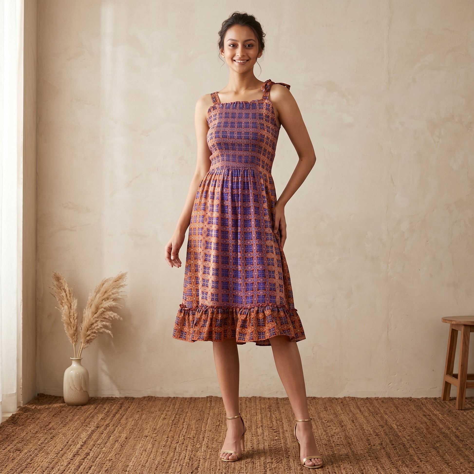 Brown Geometric Print Dress for Women – Cotton Polyester | First Resort by Ramola Bachchan