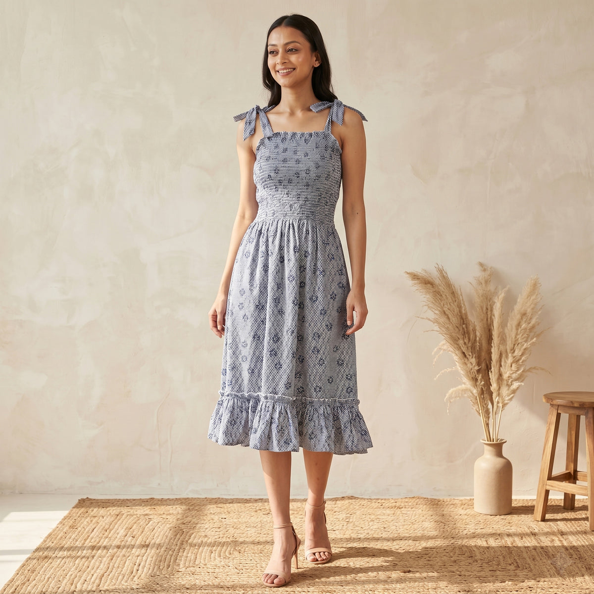 Grey Zig-Zag And Floral Print Dress for Women – Cotton Polyester | First Resort by Ramola Bachchan