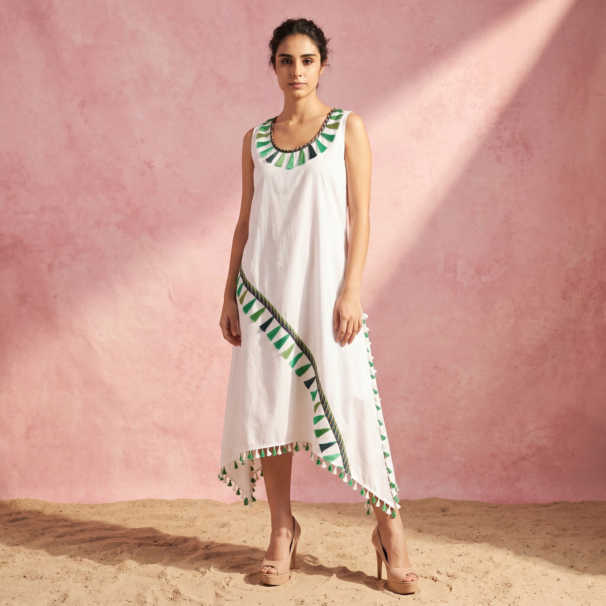 Green Tassel Print Dress for Women – Cotton Poplin | First Resort by Ramola Bachchan