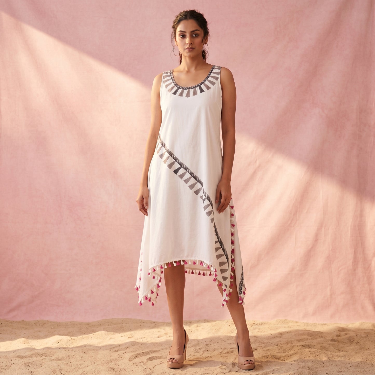 Grey Tassel Print Dress for Women – Cotton Poplin | First Resort by Ramola Bachchan