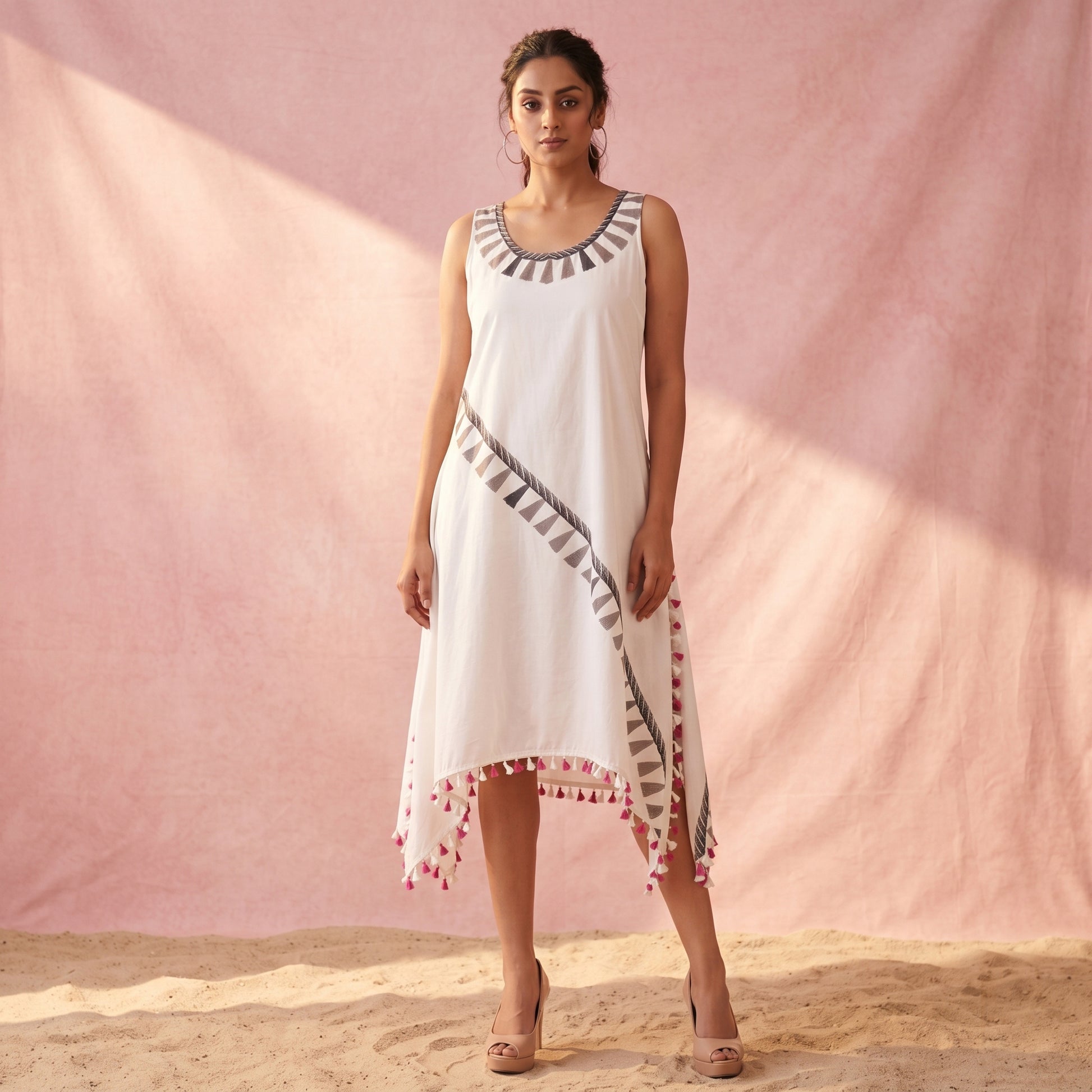 Grey Tassel Print Dress for Women – Cotton Poplin | First Resort by Ramola Bachchan