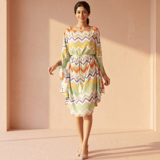 Orange And Yellow Chevron Print Dress for Women – Cotton Modal | First Resort by Ramola Bachchan