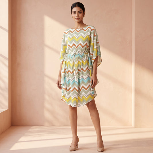 Pale Blue And Yellow Chevron Print Dress for Women – Cotton Modal | First Resort by Ramola Bachchan