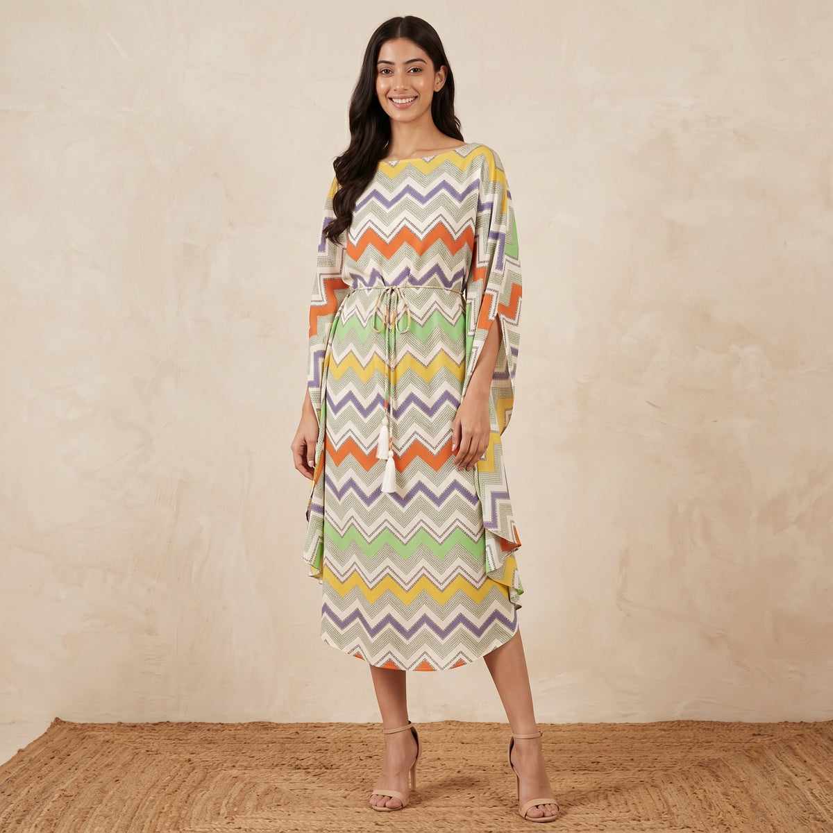 Orange And Yellow Chevron Print Dress for Women – Cotton Modal | First Resort by Ramola Bachchan