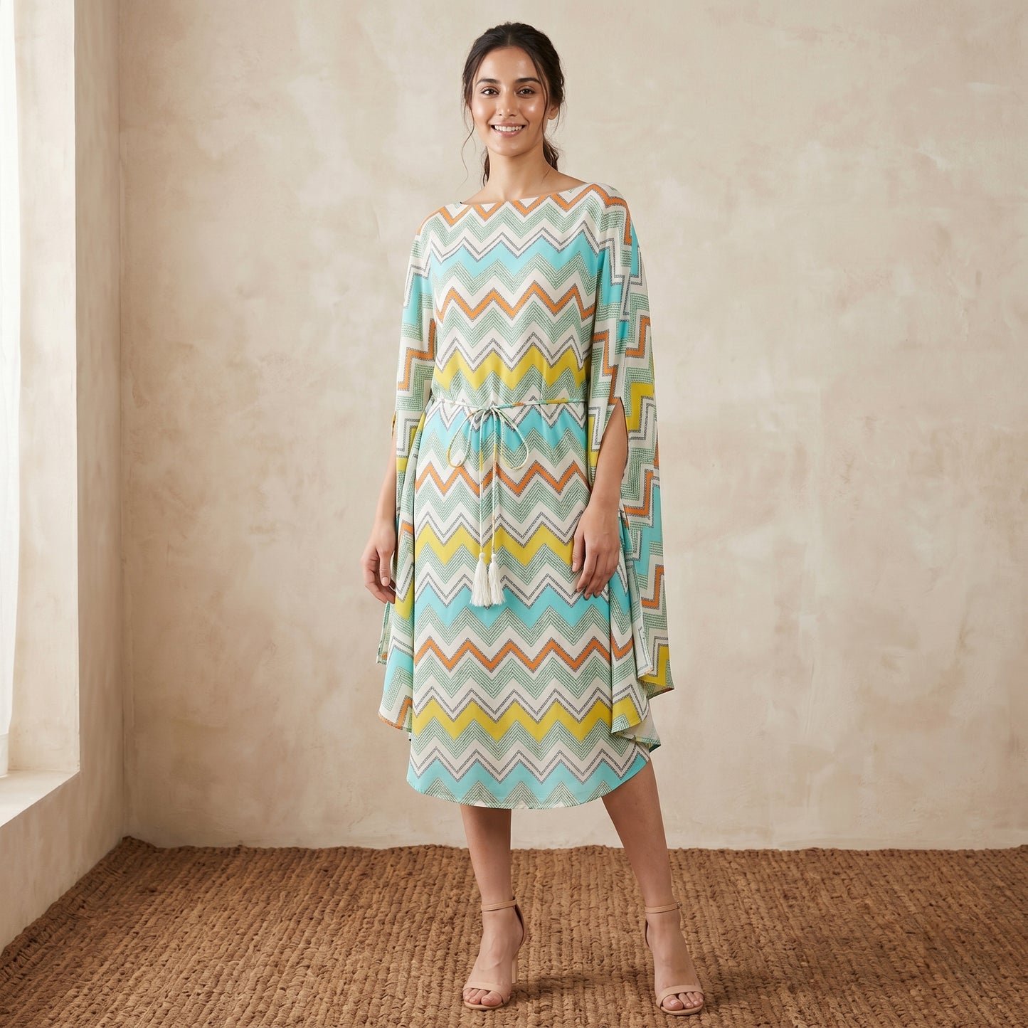 Pale Blue And Yellow Chevron Print Dress for Women – Cotton Modal | First Resort by Ramola Bachchan