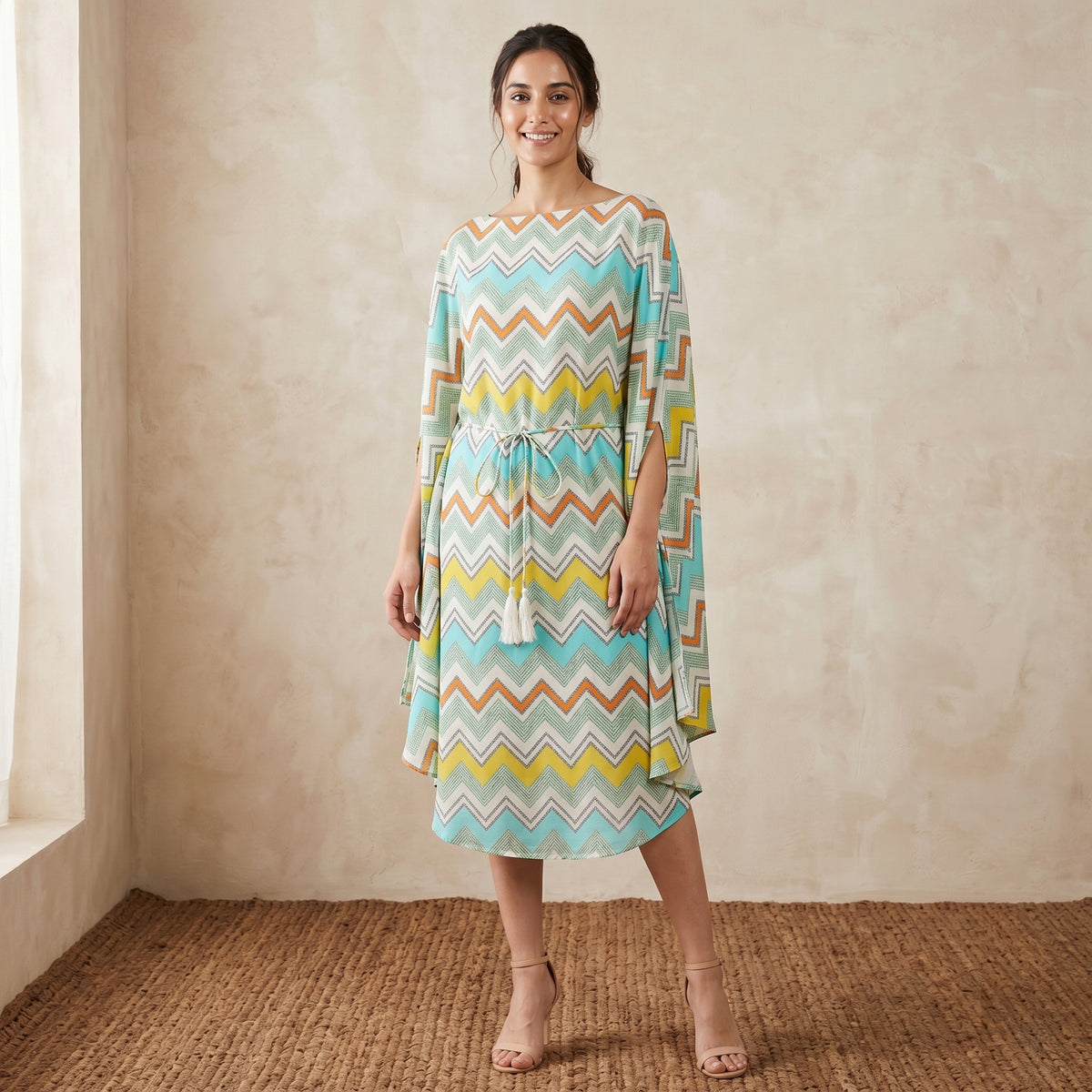 Pale Blue And Yellow Chevron Print Dress for Women – Cotton Modal | First Resort by Ramola Bachchan